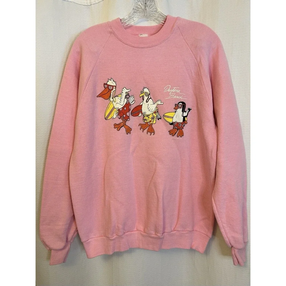 VTG 80s Daytona Beach Birds Pink Sweatshirt XL Unisex Grandamacore Surf Penguin